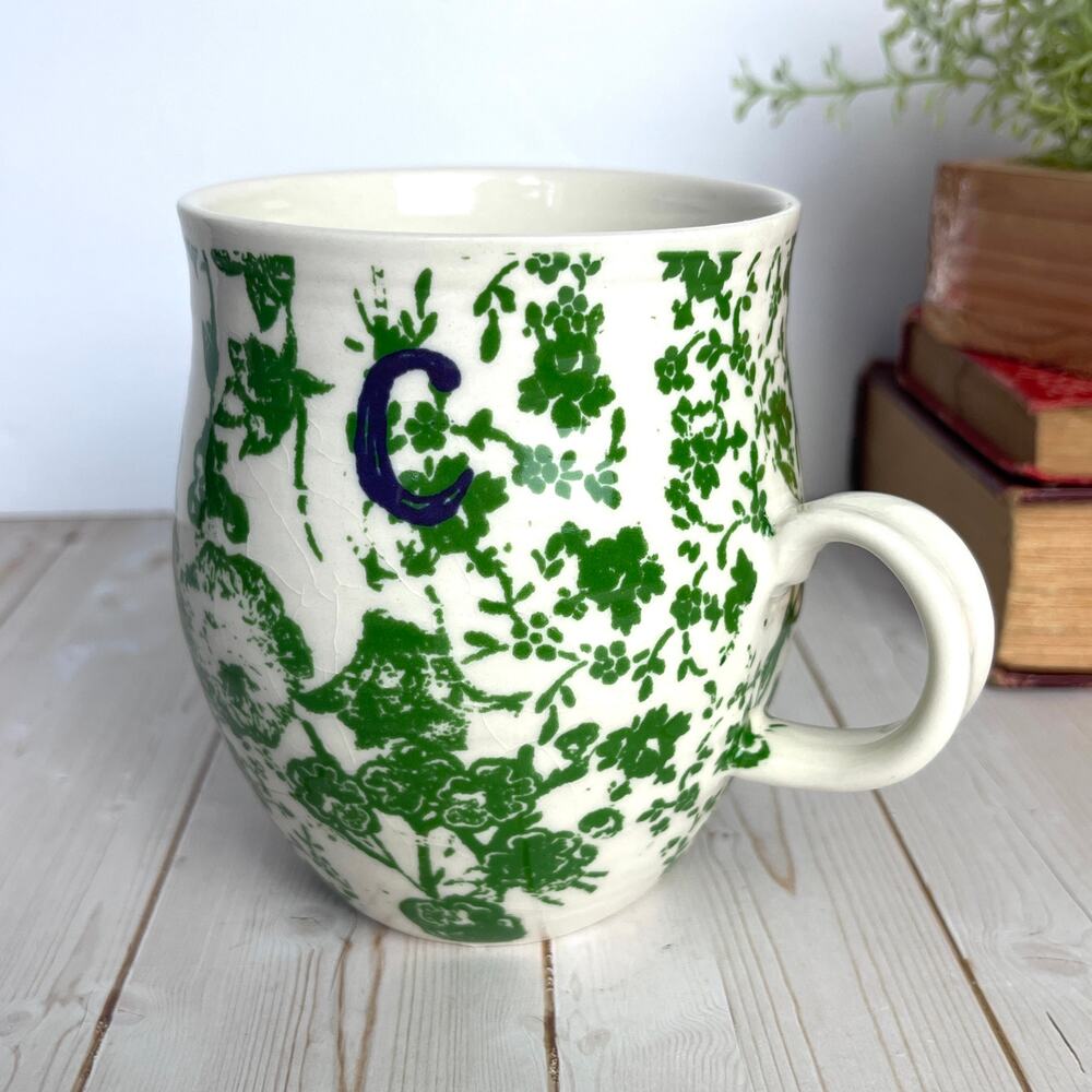 Anthropologie Homegrown Ceramic Mug 'C' Monogram Green Floral Blue Letter Chintz